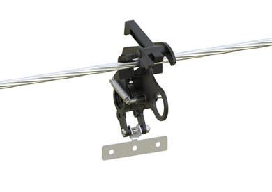 Soporte para cartel RAPTOR CLAMP instalado en línea aérea